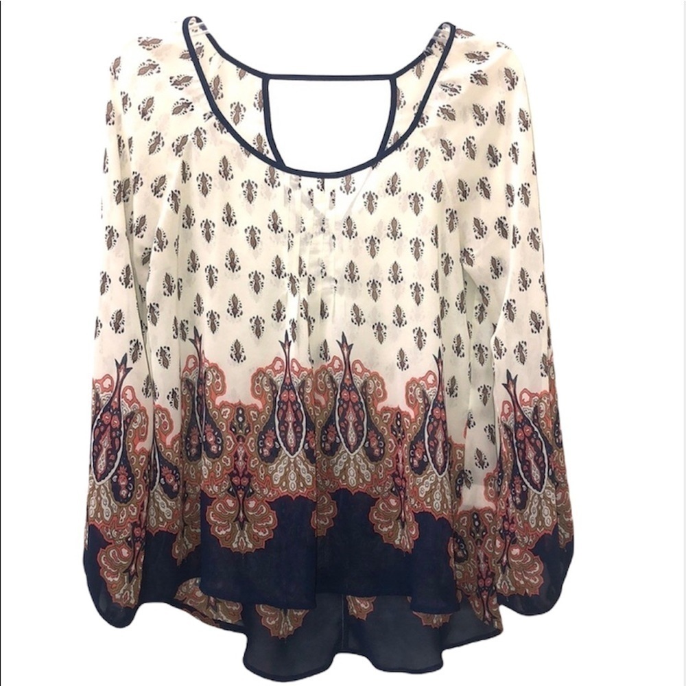 2/$15 Blu Pepper - Blue White Boho Border Print Long Sleeve Blouse – Size S